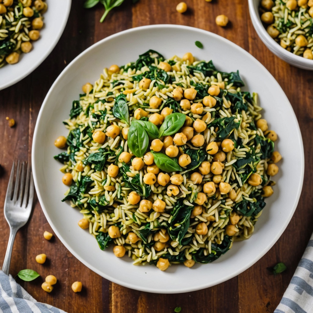 Vibrant Vegan One-Pot Spinach Artichoke Orzo with Chickpeas and Pesto