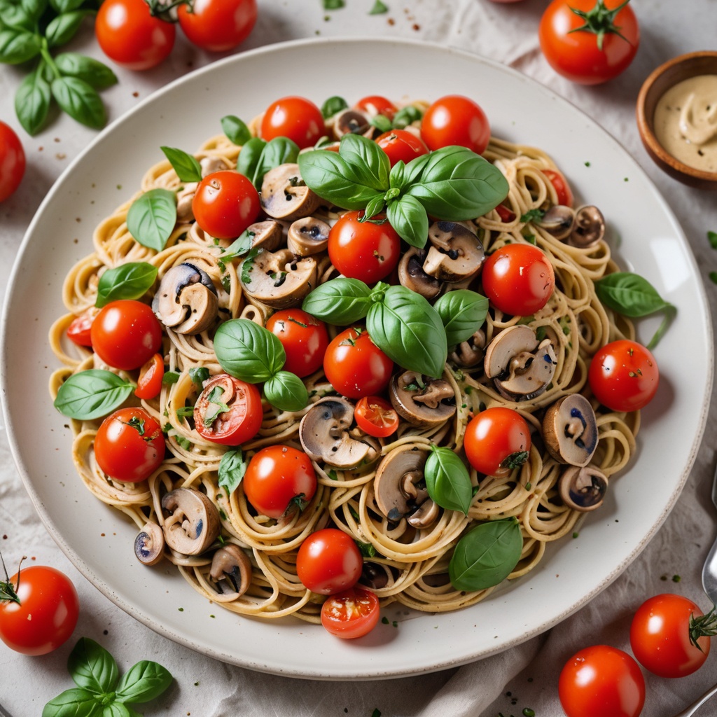 Basil Tahini Pasta with Mushrooms & Burst Tomatoes